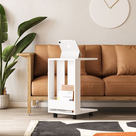 Decortie Edi Table d'appoint moderne en forme de C Mobile fonctionnel avec compartiment blanc H60cm (1/3)