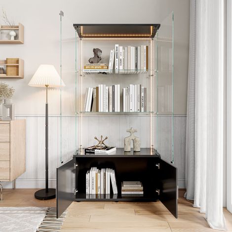 Vitrines en verre, 4 étagères et 4 portes, Avec bande lumineuse LED, Verre Trempé, Avec armoire de rangement, 164x78.51x35cm, Noir