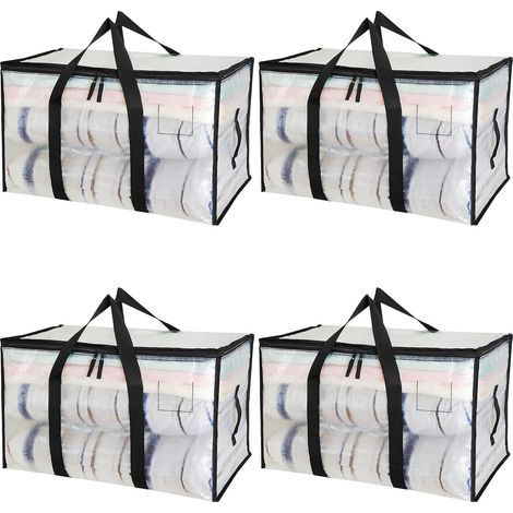 Sac Rangement - 4 pièces, Sac Rangement 90L PP Transparent Couvercle Poignées Renforcées - Pour Déménagement/Vêtements/Voyages (1/5)