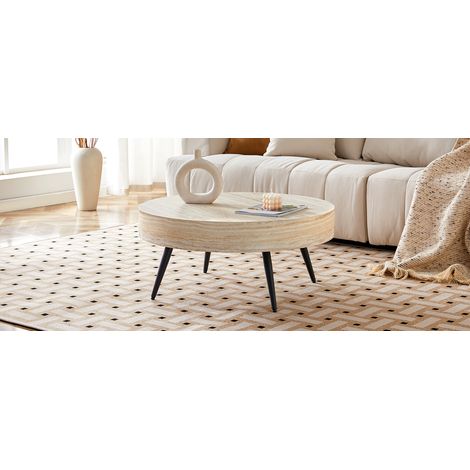 Table basse ronde 70cm Design minimaliste plateau effet travertin clair pieds métal noirs stables ajustables (1/5)