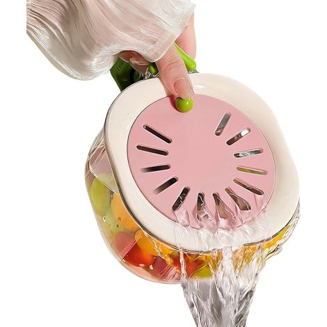 Bol laveur et égouttoir pour fruits et légumes, multifonction avec poignée pliable et couvercle à trous, pour cuisine, réfrigérateur, pique-nique et snack enfant (1/5)