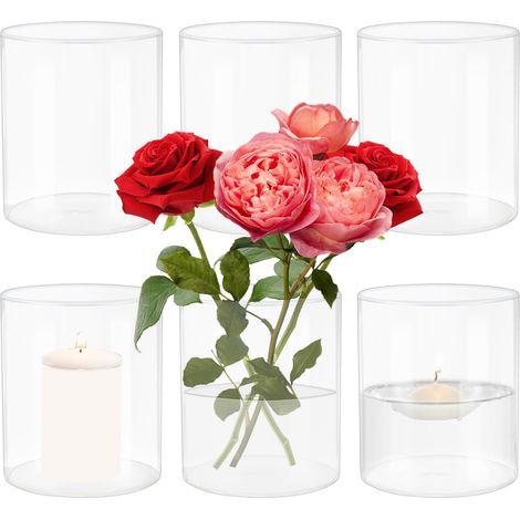 Lot de 6 vases cylindriques en verre transparent - 8,5 x 10 cm - Petits vases à fleurs - Vase de table pour fleurs, bougies flottantes - Vert (1/5)