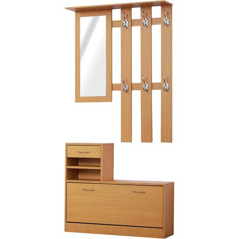 Console d'entrée HOMCOM avec miroir, porte-manteau et étagère à chaussures, ensemble de meubles de couloir 2 pièces avec 6 crochets, étagères et tiroir abattant, bois brun, ce meuble allie design é... (1/5)