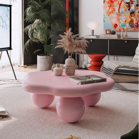 MODFU – Mesa de centro forma de nube 79x79x31 cm de MDF y metal con patas esféricas, sin esquinas salientes, carga 90 kg y 2 paquetes – Rosa (1/5)