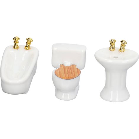 Ensemble de salle de bain miniature 3 pièces pour maison de poupée, comprenant baignoire, toilettes et lavabo en céramique (échelle 1/24), mobilier de salle de bain blanc pur. (1/5)