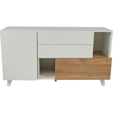 Credenza moderna bianca e rovere chiaro in truciolare 130 x 40 x 70 cm con 2 cassetti e 2 ante (1/5)