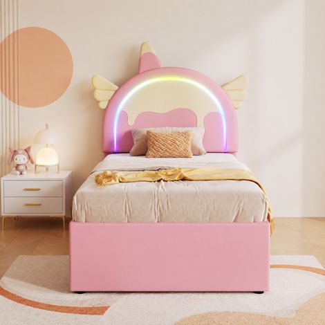 Cama infantil 90x200 con cabecero de unicornio, cuero regenerado rosa, cama nido extraíble y cajones, estructura de MDF, para dormitorio juvenil  CHICFURN (1/5)