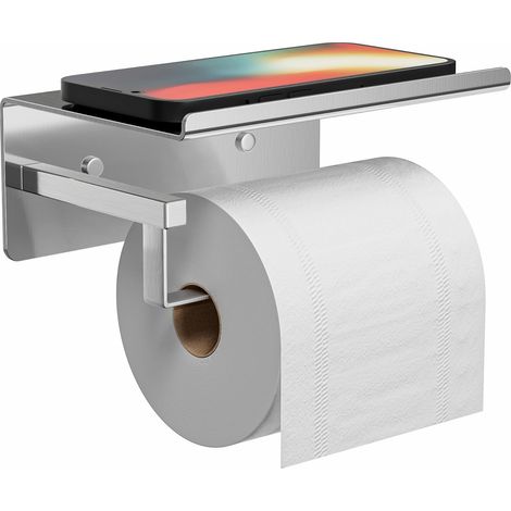 Porte Rouleau Papier Toilette Mural avec Etagère, Adhésif pour Salle de Bain, sans Percage Derouleur Papier Toilette WC -Argent (1/5)