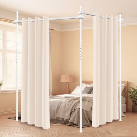 Wolketon Raumteiler Paraventgestell Gardinenstange, 1,22-3,05M Höhenverstellbar Gardinenständer Flexibel Raumtrenner Gestell, Breite 70-355CM Verstellbar 5-Stangen Weiß