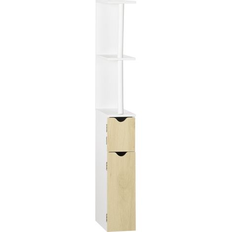 Colonna Bagno con 2 Ripiani e 2 Armadietti, Mobile Alto Salvaspazio 15.2x29.8x118 cm, Bianco e color Legno