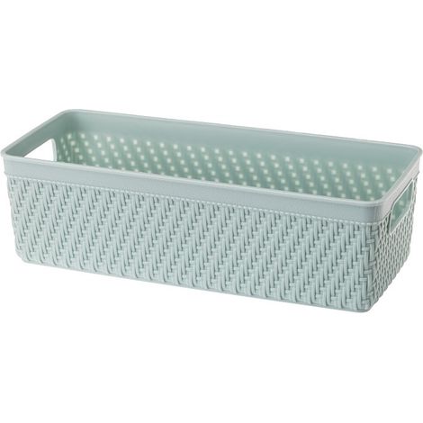 Cestino organizer rettangolare Luis, taglia 2, capacità 1,8 l, verde chiaro pastello menta, in plastica con motivo intrecciato e manici. (1/3)