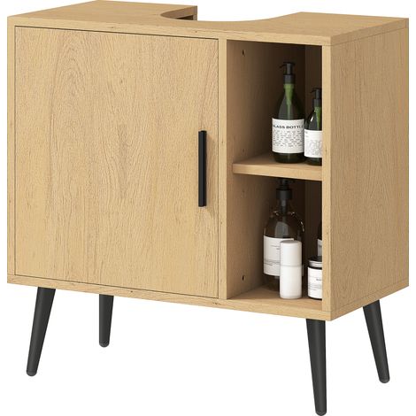 Meuble vasque salle de bain 60x30x59.5cm chêne, armoire avec porte à amortisseur et étagère ajustable (1/5)