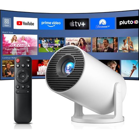 Mini Projecteur Compatible 4K, Videoprojecteur Intelligent Android 14 WiFi6 et Bluetooth 5.4, Pico Projecteur Portable Auto Trapèze, 8000L, Rotation 270°, Intérieur Extérieur Cinéma, Blanc (1/5)