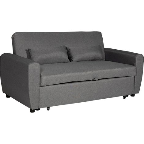 Happy Garden – Canapé convertible 2 places gris – Couchage L 188 × l 139cm – Structure bois d'eucalyptus et bouleau – Accoudoirs et coussins inclus (1/5)
