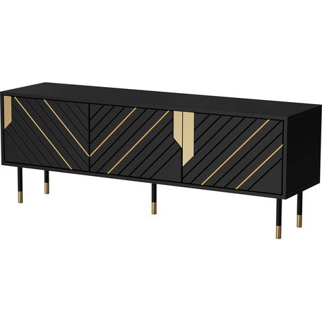 Perito TV-Ständer, Wohnzimmer-Sideboard mit drei Flügeltüren und zwei Innenfächern, vom Boden abgehoben, 154x40 h55 cm, Schwarz und Gold (1/4)