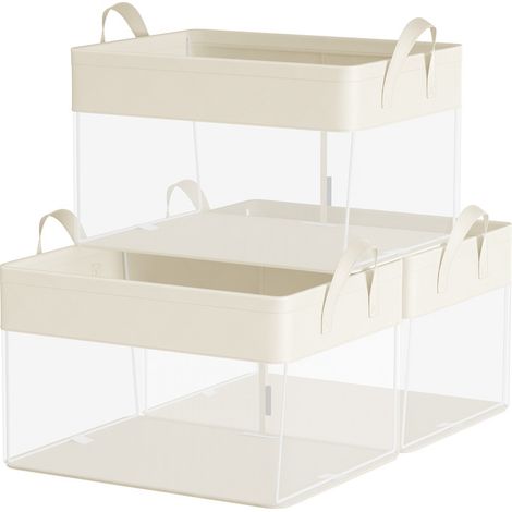 Boîtes de Rangement, Lot de 3, Panier de Rangement, Taille Moyenne, en Tissu, Pliable, Filet de Nylon Transparent, 40 x 30 x 25 cm, Poignées, pour Chambre, Salon, Couleur Crème (1/5)