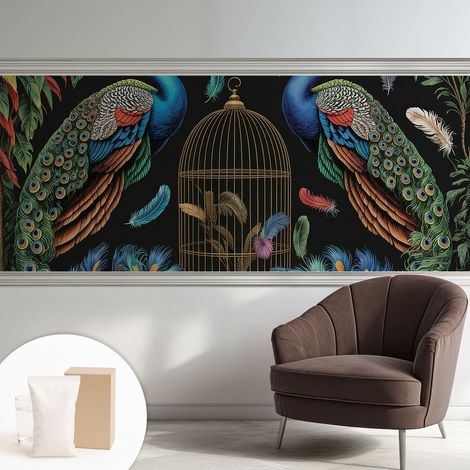 Papier peint intissé décoratif pour salon chambre et cuisine Facile à poser avec colle Paons exotiques 250x104 cm (1/5)
