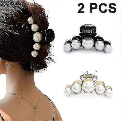 Lot de 2 grandes pinces à cheveux en perles, barrettes, pinces à cheveux avec fausses perles, assorties en forme de Z (1/4)