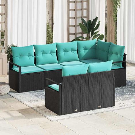 Sofa Set mit Kissen 7 pcs Schwarz Poly Rattan
