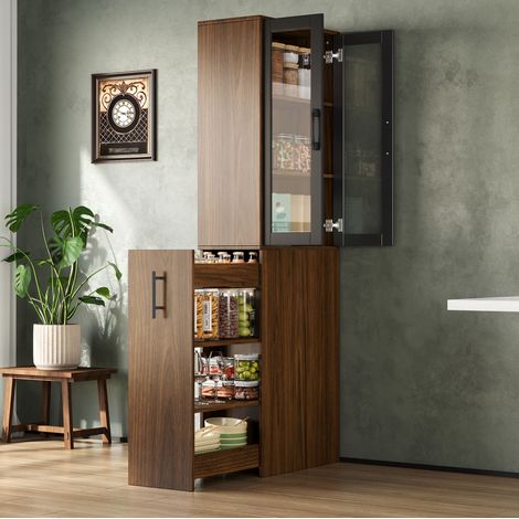 Mobile dispensa cucina stretto 60 x 30 x 180 cm con ante in vetro e carrello estraibile a 4 ripiani, armadio salvaspazio con ruote per cucina e soggiorno FLORAGRACE (1/5)