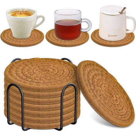 Set mit 8 Untersetzern (inklusive Aufbewahrungsgestell), wasserabsorbierende Untersetzer, Set aus gewebter Baumwolle im minimalistischen Stil, Ta (1/5)