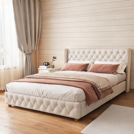 Cadre de lit beige en lin 80,7 x 74,4 x 42,5 cm (1/5)