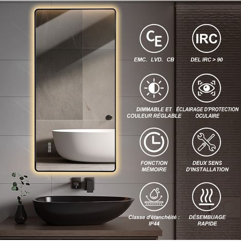 Grand miroir LED salle de bain 120x60x3 cm aluminium noir, antibuée pour double vasque – MEUBLIV (1/5)