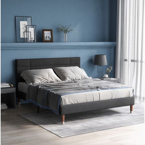 Cama doble tapizada con colchón y espacio bajo gris OKMYHOME (1/5)