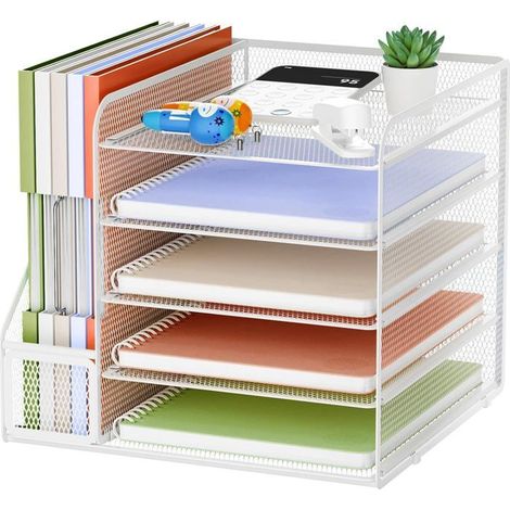 HOXILEELEO - Organisateur de Bureau,5 Niveaux Maille Papier Aménagement,Porte-Dossiers pour Maison Bureau Accessoires(Blanc) (1/5)