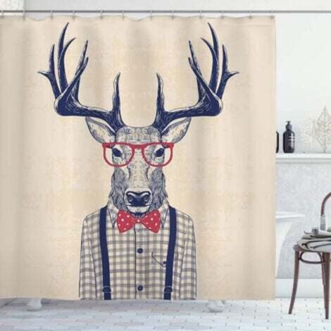 Tenda da doccia di tendenza, cervo con fiocco jazz umoristico, set di decorazioni per il bagno in tessuto con ganci, 180 cm x 180 cm, corallo indaco scuro