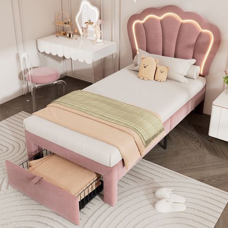 Cama juvenil LED con cajón tapizada 90x190 rosa OKMYHOME (1/5)
