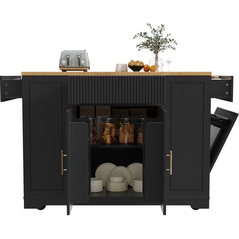 Îlot central de cuisine mobile - 2 portes et 3 tiroirs -120x50x92cm - étagères ouvertes - avec compartiment poubelle, MDF - mosaïque - Noir