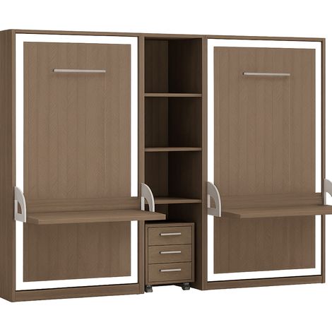 2 lits escamotables 140x190 avec bureau et étagère centrale Studante-Façade Chêne brun (1/5)