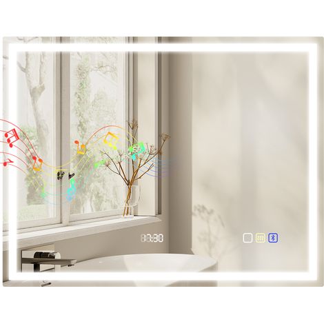 LED-Badezimmerspiegel mit Bluetooth, 90 x 70 cm, Touch-Schalter, einstellbare Beleuchtung, 3 Farben, Antibeschlag, Memory-Funktion, silber (1/5)