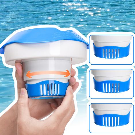 Distributeur flottant de comprimés de chlore de 5 pouces (12,7 cm) conçu pour utilisation dans les piscines. Il est également pliable et adapté pour les bains à remous, les spas et les fontaines. Bleu (1/3)