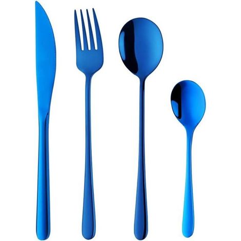Besteckset, Edelstahlgeschirr, Tafelmesser, Gabel, Löffel, Teelöffel (blau, 4-teilig) (1/5)