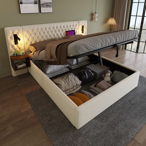 Lit hydraulique , avec table de nuit, liseuse, fonction de recharge USB, beige-180 x 200 cm (1/5)