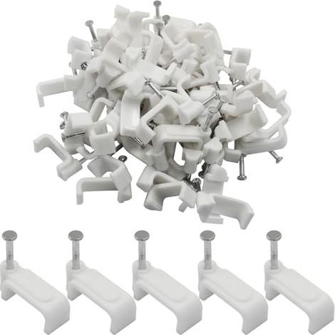 Lot de 100 clips câble plats 14 mm, muraux blancs pour câbles Ethernet, coaxial, fil haut-parleur, clous Ethernet plat Cat8, Cat7 blanc 14mm (1/5)