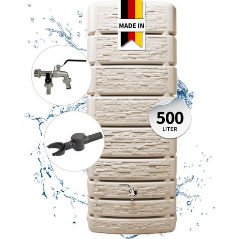 4rain SLIM STONE DECOR Regentonne Wandtank Komplett-Set 500 Liter sandbeige inkl. Chrom-Doppelauslaufhahn und Fallrohranschluss (1/5)