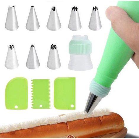 Ensemble de pâtisserie 13 pièces, acier inoxydable, vert, poches à douille en silicone