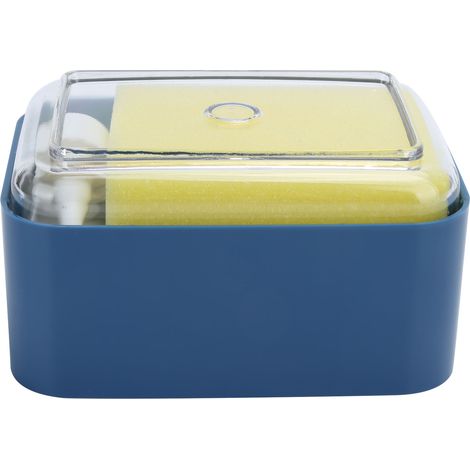 Distributeur de savon liquide automatique à pression pour plan de cuisine, bleu, rechargeable, sans contact. (1/5)
