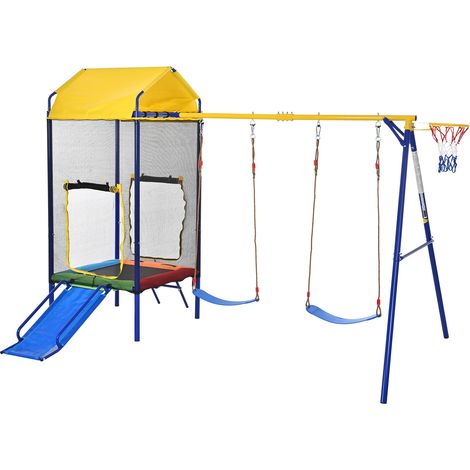 Aire de Jeux Extérieure Portique Métal (336x217x238 cm) Tour de Jeux avec Toboggan, Trampoline, Balançoire et Basket - Station Jardin avec Filet