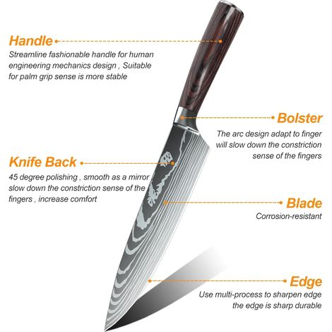 Ensemble de Couteaux de Cuisine 8 pièces, Ultra Tranchants en Acier Inoxydable à Haute Carbone, Poignée en Bois Ergonomique, Lames Anti-Corrosion, Motif Laser Damas (1/5)