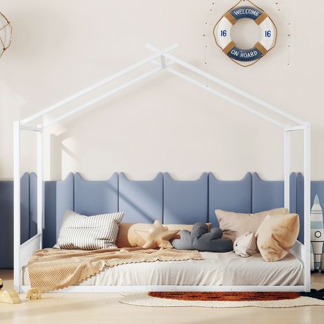 Lit coffre à matelas 140x200 cm, cadre en fer pour enfant, sans matelas, tête de lit en forme de maison, blanc (1/5)