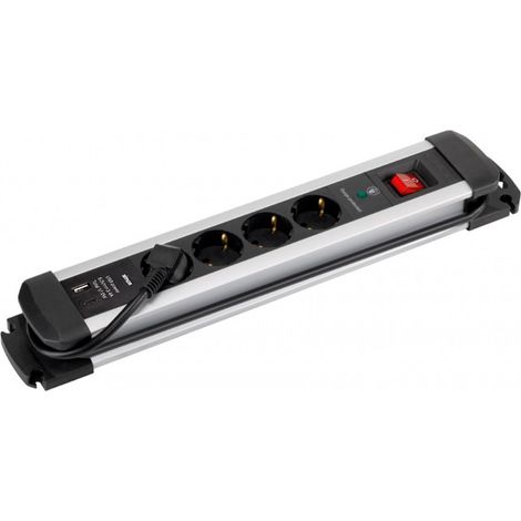 Multiprise, 4 Prises Schuko 2p+t, 2 Usb A+c, 16 A 250 V, 1,5 M Câble, Avec Interrupteur Et Prot. Surtensions, Aluminium