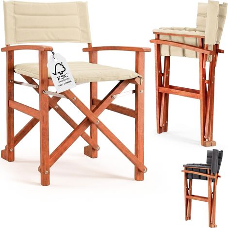 Wooden Folding Directors Chair Padded  Folding Garden Chair with Arms  Eucalyptus Wood Frame Fabric Seat Foldable Outdoor Chair  Patio Balcony Camping Garden Furniture 160kg Capacity  Cream, 1 (de)