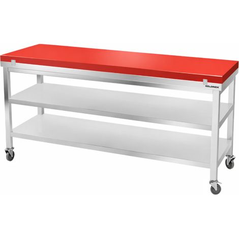 Table de travail en inox 1800x700 mm avec plaque de découpe rouge et 2 étagères sur roulettes PREMIUM - GOLDINOX (1/4)