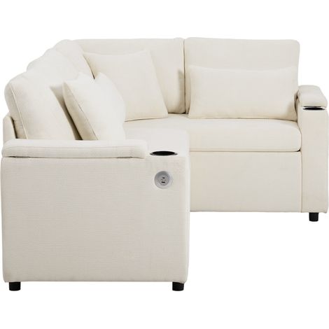 Divano angolare L estraibile con contenitore in ciniglia beige, 4 posti (1/5)