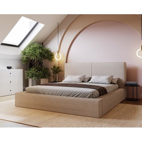 Lit adulte 180x200 Morin Boucle - Lit double avec rangement - sommier à lattes, Lit design, tissu bouclé Beige (Anthology 3) (1/4)