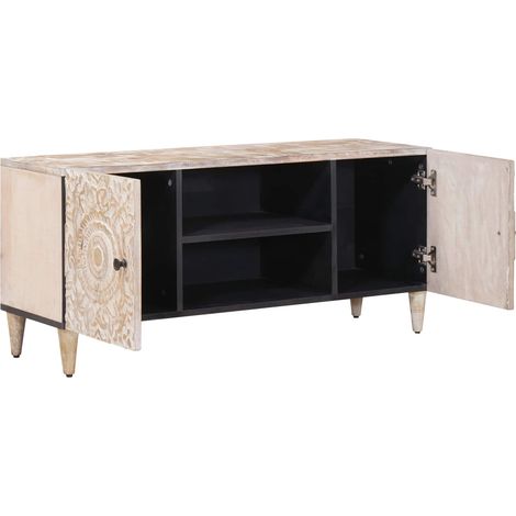 Meuble TV Blanc 105 x 33,5 x 46 cm Bois de mangue massif (1/5)